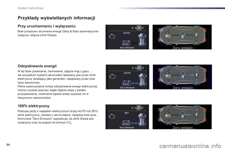 Peugeot 508 RXH 2013  Instrukcja Obsługi (in Polish) 34
System hybrydowy
Przykłady wyświetlanych informacji 
Przy uruchamianiu i wyłączaniu 
Brak przepływu strumienia energii (Stop & Star t automatycznie 
wyłącza i włącza silnik Diesla).
Odzysk