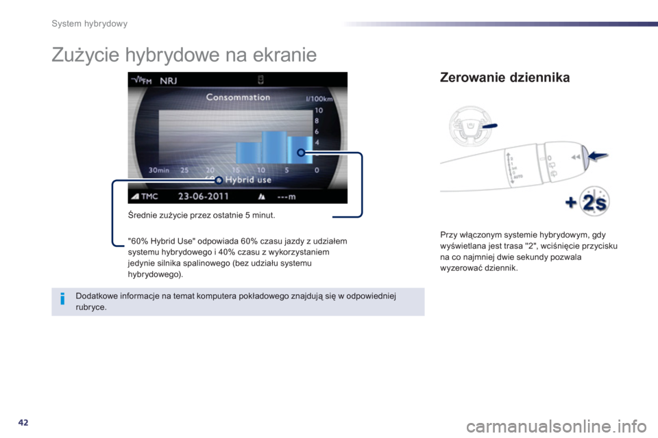 Peugeot 508 RXH 2013  Instrukcja Obsługi (in Polish) 42
System hybrydowy
   
 
 
 
 
 
 
Zużycie hybrydowe na ekranie 
Średnie zużycie przez ostatnie 5 minut. 
Zerowanie dziennika 
 
Przy włączonym systemie hybrydowym, gdy 
wyświetlana jest trasa 