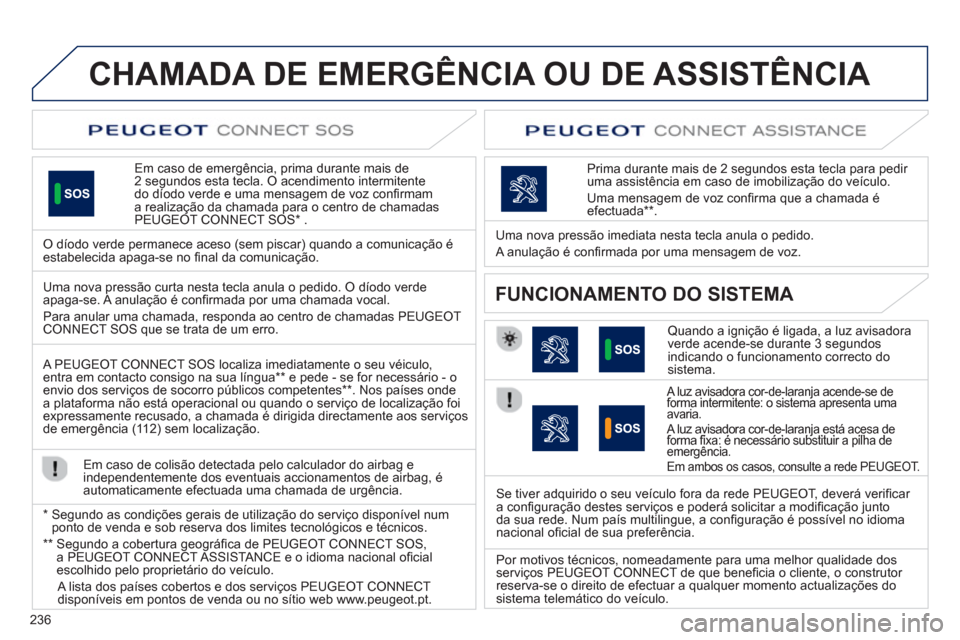 Peugeot 508 RXH 2013 Manual do proprietário (in Portuguese) 236
CHAMADA DE EMERGÊNCIA OU DE ASSISTÊNCIA
Em caso de emergência, prima durante mais de 2 segundos esta tecla. O acendimento intermitente
do díodo verde e uma mensagem de voz confi rmam a rea Peugeot 508 RXH 2013 Manual do proprietário (in Portuguese) 236
CHAMADA DE EMERGÊNCIA OU DE ASSISTÊNCIA
Em caso de emergência, prima durante mais de 2 segundos esta tecla. O acendimento intermitente
do díodo verde e uma mensagem de voz confi rmam a rea