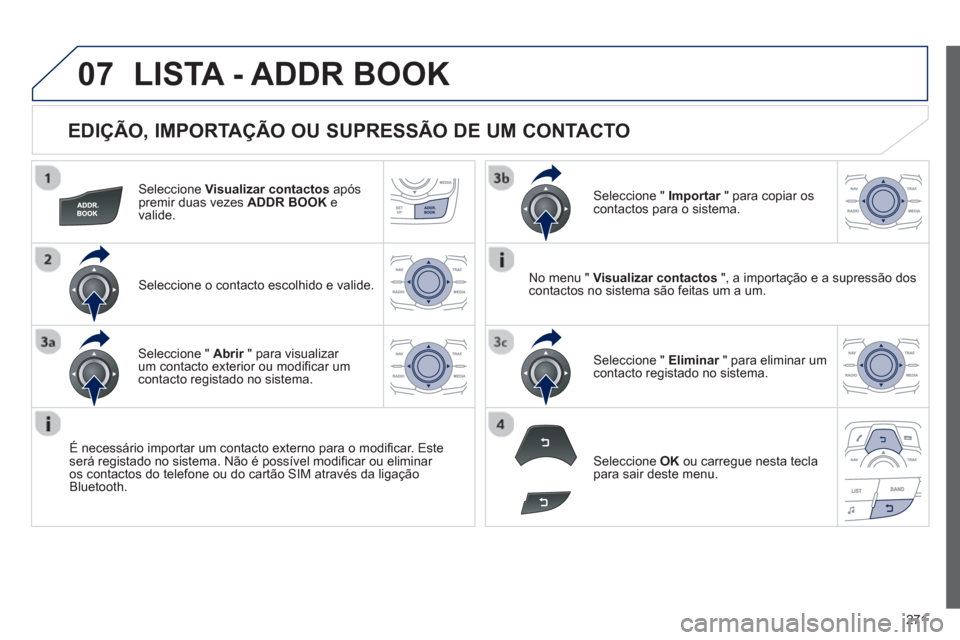 Peugeot 508 RXH 2013  Manual do proprietário (in Portuguese) 271
07
   
EDIÇÃO, IMPORTAÇÃO OU SUPRESSÃO DE UM CONTACTO 
Seleccione Visualizar contactos 
 após 
premir duas vezes  ADDR BOOK 
 evalide.
Seleccione o contacto escolhido e valide.  
É necessá