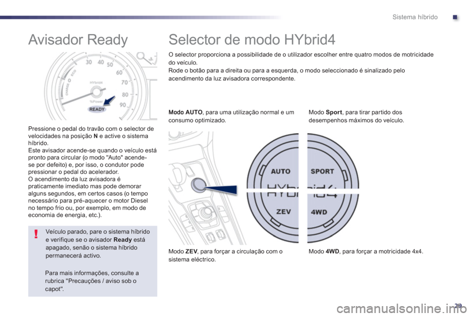 Peugeot 508 RXH 2013 Manual do proprietário (in Portuguese) .
29
Sistema híbrido
Avisador Ready
Pressione o pedal do travão com o selector de
velocidades na posição N
e active o sistema
híbrido.
Este avisador ace Peugeot 508 RXH 2013 Manual do proprietário (in Portuguese) .
29
Sistema híbrido
Avisador Ready
Pressione o pedal do travão com o selector de
velocidades na posição N
e active o sistema
híbrido.
Este avisador ace