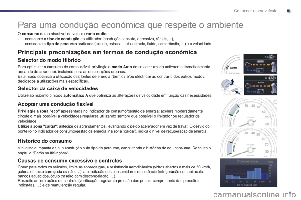 Peugeot 508 RXH 2013 Manual do proprietário (in Portuguese) .
5
Conhecer o seu veículo
Para uma condução económica que respeite o ambiente
O consumo
de combustível do veículo varia muito
:
- consoante o tipo de condução Peugeot 508 RXH 2013 Manual do proprietário (in Portuguese) .
5
Conhecer o seu veículo
Para uma condução económica que respeite o ambiente
O consumo
de combustível do veículo varia muito
:
- consoante o tipo de condução