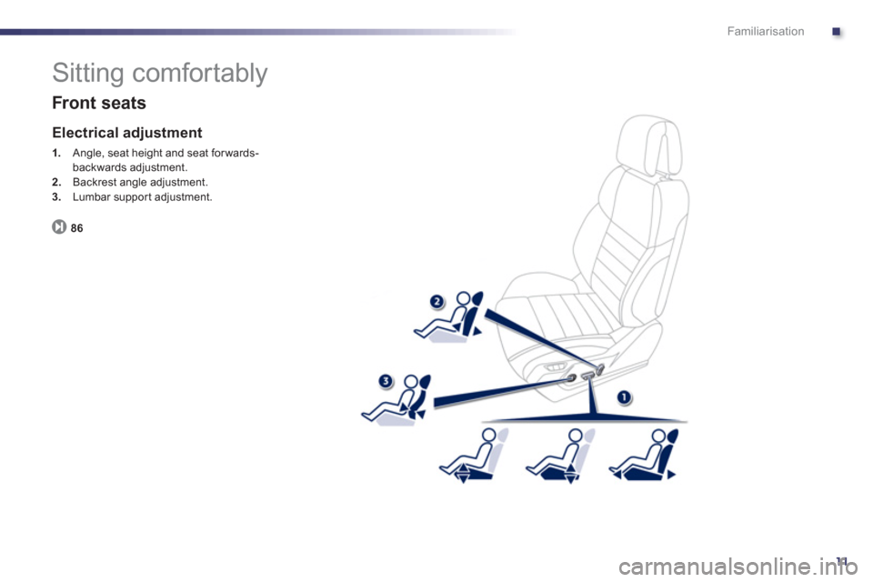 Peugeot 508 RXH 2012  Owners Manual .
11
Familiarisation
  Sitting comfortably 
 
 
Front seats 
 
 Electrical adjustment 
1. 
 Angle, seat height and seat forwards-backwards adjustment. 2.Backrest angle adjustment.3.Lumbar suppor t adj