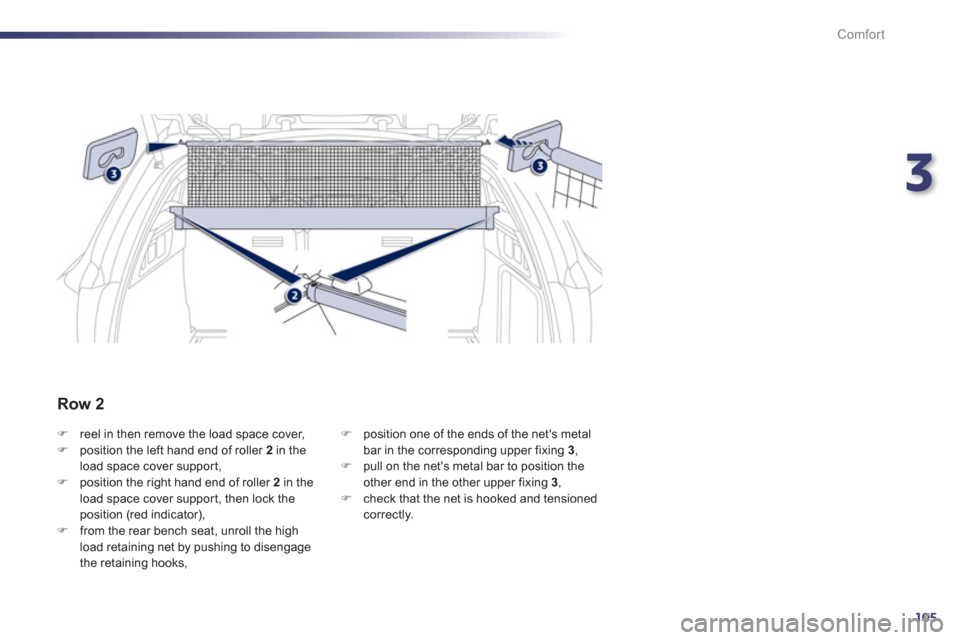 Peugeot 508 RXH 2012  Owners Manual - RHD (UK, Australia) 3
105
Comfort
�)reel in then remove the load space cover, �)position the left hand end of roller  2in theload space cover suppor t, �)position the right hand end of roller  2 in theload space cover su
