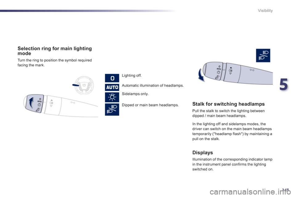 Peugeot 508 RXH 2012  Owners Manual - RHD (UK, Australia) 5
143
Visibility
   
 
Selection ring for main lighting mode 
 
Turn the ring to position the symbol required 
facing the mark.
   
Li
ghting off.  
Automatic illumination of headlamps.
   
 
Sidelamp