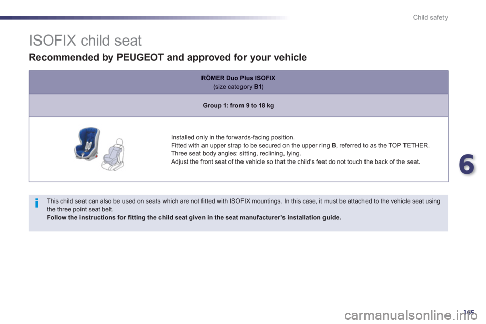Peugeot 508 RXH 2012  Owners Manual - RHD (UK, Australia) 6
165
Child safety
   
 
 
 
 
 
 
 
 
 
 
 
 
 
 
ISOFIX child seat 
 
 
This child seat can also be used on seats which are not fitted with ISOFIX mountings. In this case, it must be attached to the