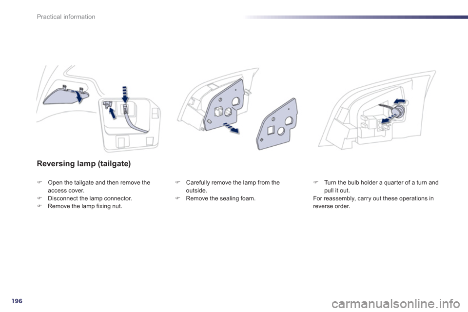 Peugeot 508 RXH 2012  Owners Manual - RHD (UK, Australia) 196
Practical information
Reversing lamp (tailgate) 
�)Open the tailgate and then remove theaccess cover.�)Disconnect the lamp connector.�)Remove the lamp fixing nut. 
�)   Carefully remove the lamp f