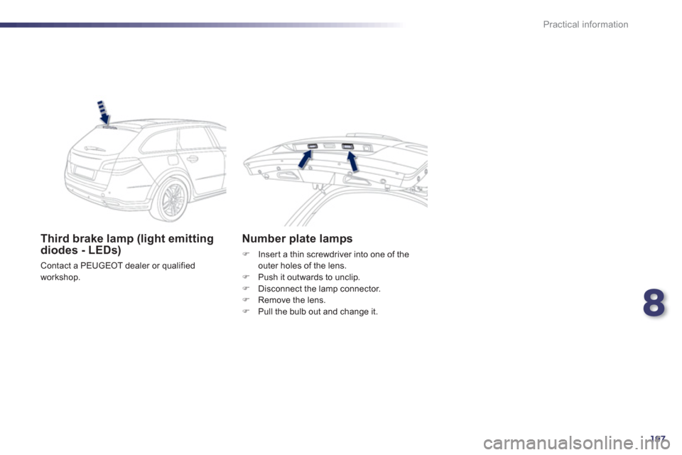 Peugeot 508 RXH 2012  Owners Manual - RHD (UK, Australia) 8
197
Practical information
Third brake lamp (light emittingdiodes - LEDs) 
 Contact a PEUGEOT dealer or qualified 
workshop.
Number plate lamps
�)   Insert a thin screwdriver into one of the outer ho