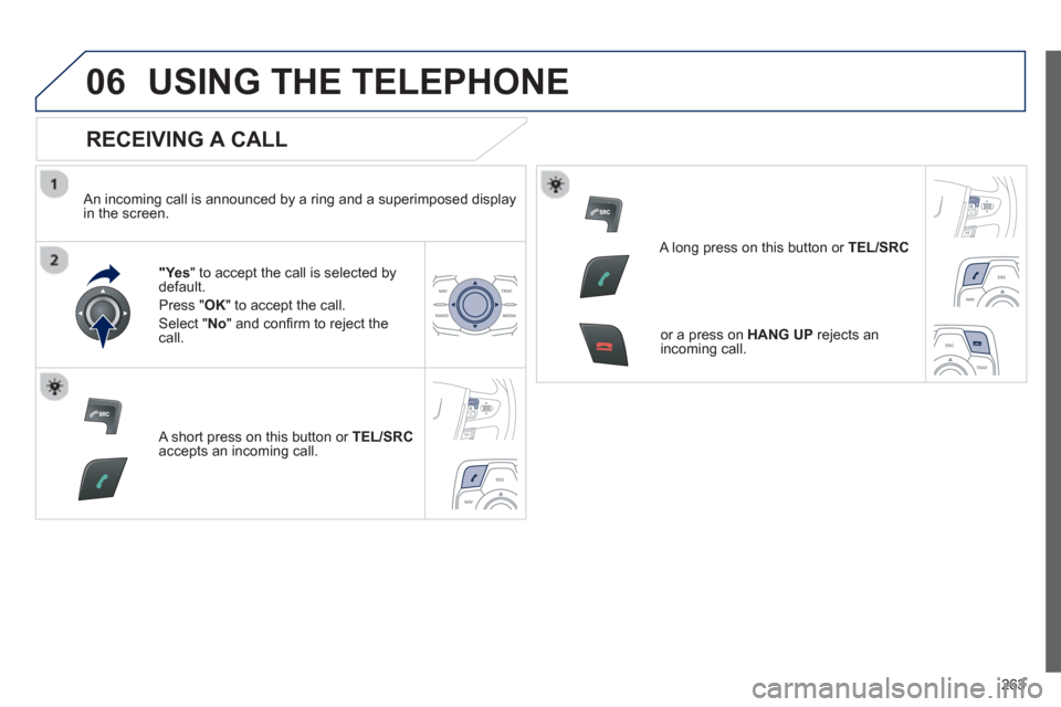 Peugeot 508 RXH 2012  Owners Manual - RHD (UK, Australia) 263
06USING THE TELEPHONE
   
RECEIVING A CALL 
 
 An incoming call is announced by a ring and a superimposed displayin the screen.
"Ye s" to accept the call is selected bydefault. 
Pr
ess " OK" to ac