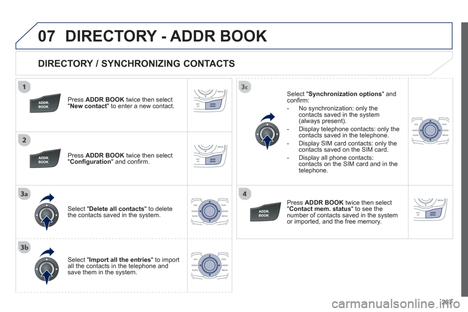 Peugeot 508 RXH 2012  Owners Manual - RHD (UK, Australia) 267
07
   
DIRECTORY / SYNCHRONIZING CONTACTS 
 
 
Press ADDR BOOKtwice then select "New contact" to enter a new contact.
   
Pr
ess ADDR BOOKtwice then select 
" Conﬁ guration" and conﬁ rm.
 
Sel
