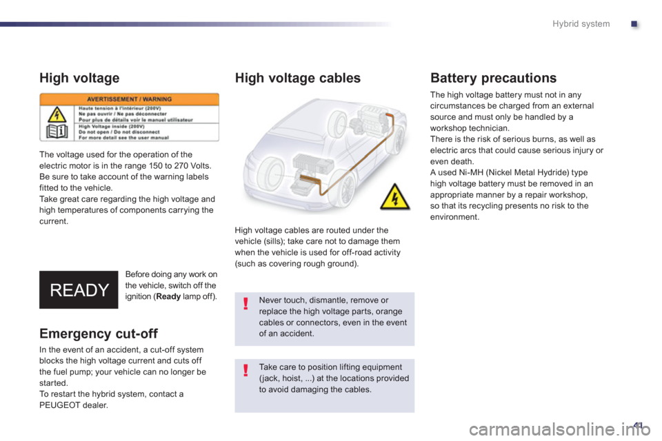 Peugeot 508 RXH 2012 Owners Manual - RHD (UK, Australia) .
41
Hybrid system
High voltage
Before doing any work on
the vehicle, switch off the
ignition ( Ready lamp off).
y
High voltage cables
High voltage cables are routed under the
vehicle (sills); t Peugeot 508 RXH 2012 Owners Manual - RHD (UK, Australia) .
41
Hybrid system
High voltage
Before doing any work on
the vehicle, switch off the
ignition ( Ready lamp off).
y
High voltage cables
High voltage cables are routed under the
vehicle (sills); t