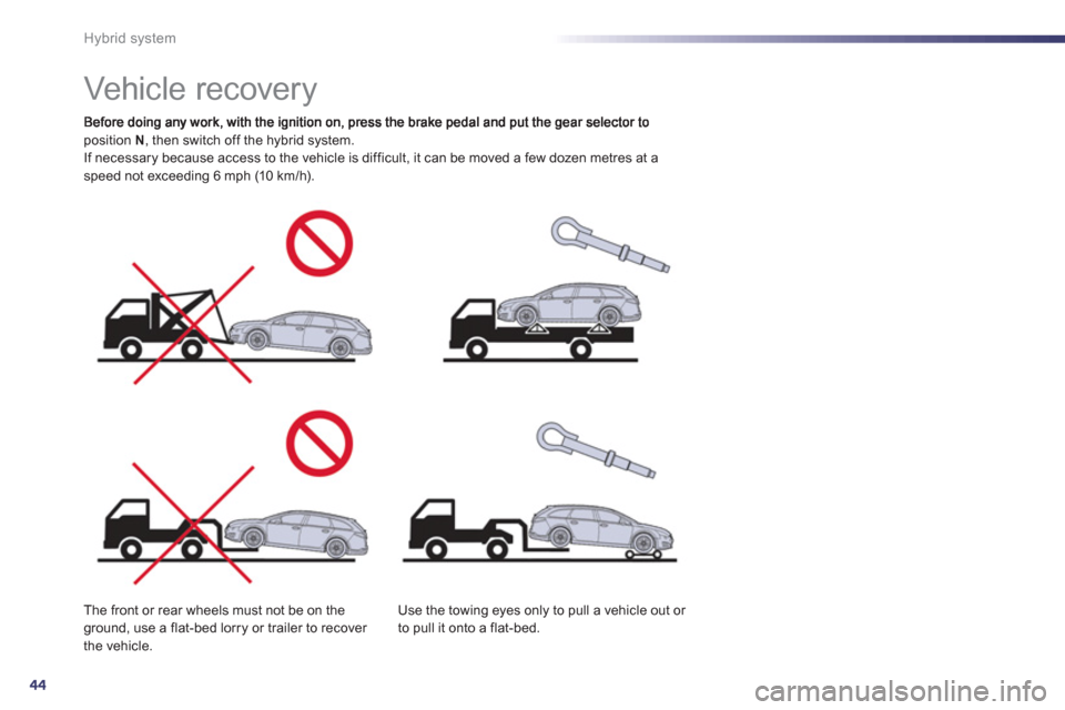 Peugeot 508 RXH 2012  Owners Manual - RHD (UK, Australia) 44
Hybrid system
   
 
 
 
 
 
 
 
Vehicle recovery  
position  N 
, then switch off the hybrid system.
If necessary because access to the vehicle is difficult, it can be moved a few dozen metres at a
