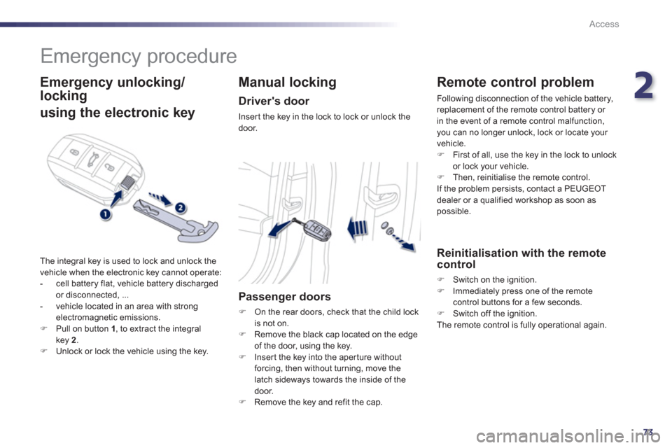 Peugeot 508 RXH 2012  Owners Manual - RHD (UK, Australia) 2
73
Access
   
 
 
 
 
Emergency procedure 
 
 
Emergency unlocking/
locking 
 
using the electronic key
 
The integral key is used to lock and unlock the 
vehicle when the electronic key cannot oper