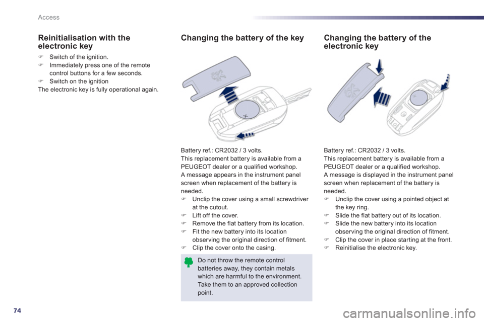 Peugeot 508 RXH 2012  Owners Manual - RHD (UK, Australia) 74
Access
   
 
 
 
 
 
 
 
 
 
 
 
Changing the battery of the key
 
Battery ref.: CR2032 / 3 volts.
  This replacement battery is available from aPEUGEOT dealer or a qualified workshop.
  A message 