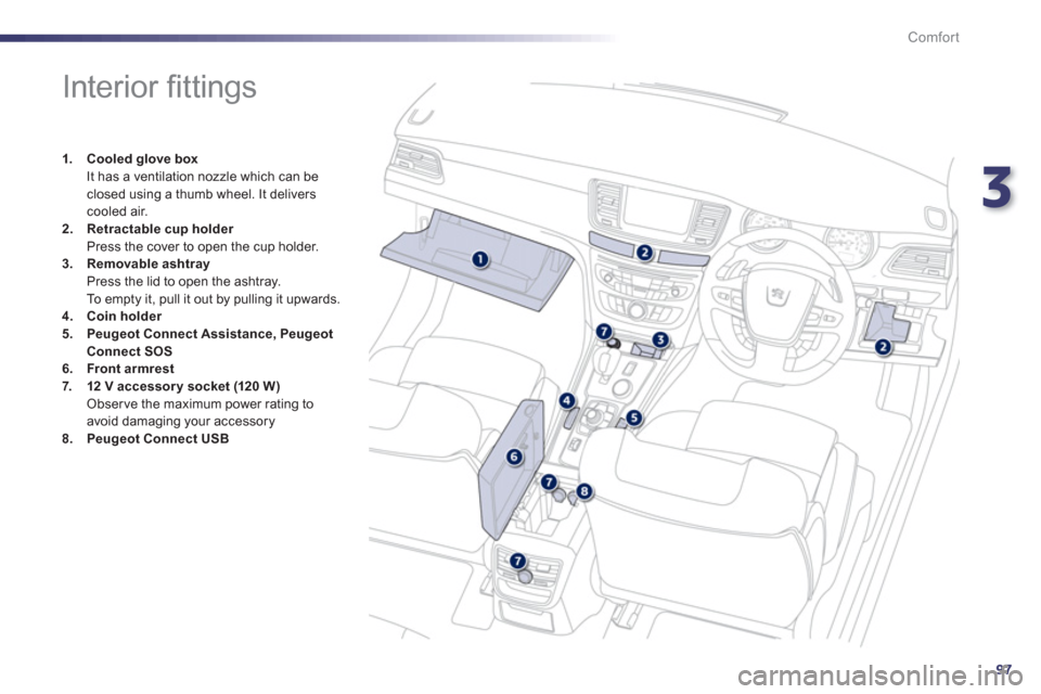 Peugeot 508 RXH 2012  Owners Manual - RHD (UK, Australia) 3
97
Comfort
   
 
 
 
 
 
 
 
 
 
 
 
 
 
 
 
 
Interior ﬁ ttings 
1.Cooled glove box It has a ventilation nozzle which can be closed using a thumb wheel. It deliverscooled air. 2.Retractable cup h