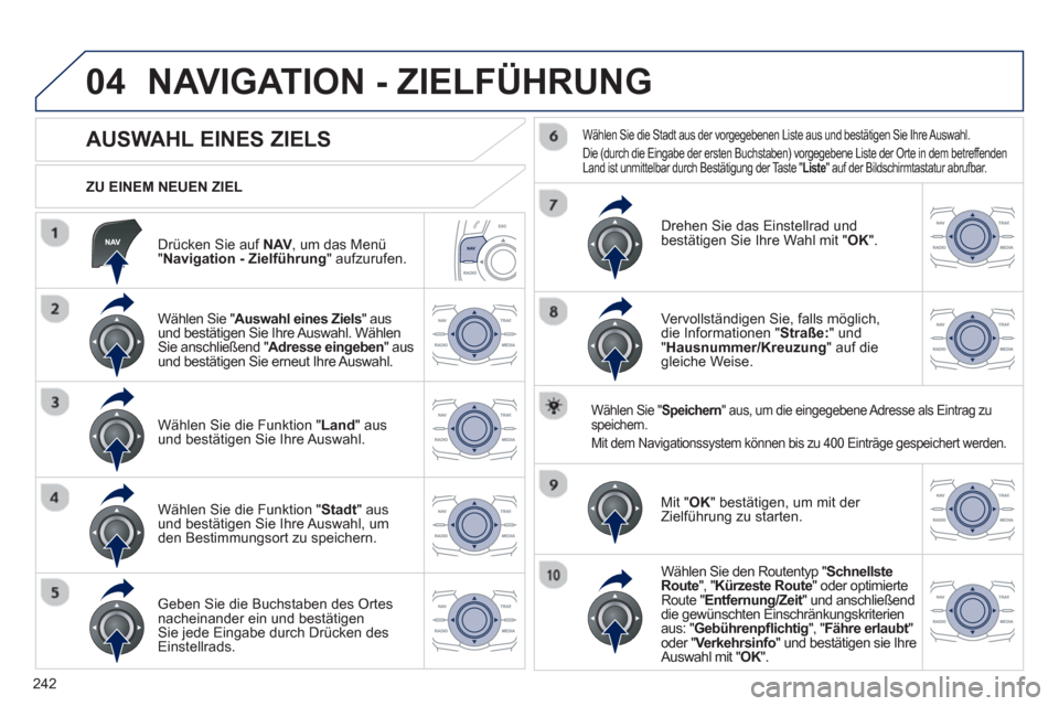 Peugeot 508 RXH 2012  Betriebsanleitung (in German) 242
04
   
Drücken Sie auf NAV,  um das Menü "Navigation - Zielführung" aufzurufen.      
ZU EINEM NEUEN ZIEL
NAVIGATION - ZIELFÜHRUNG 
 
 
 
 
 
 
 
 
 
 
 
 
 
AUSWAHL EINES ZIELS 
 
 
Wählen S