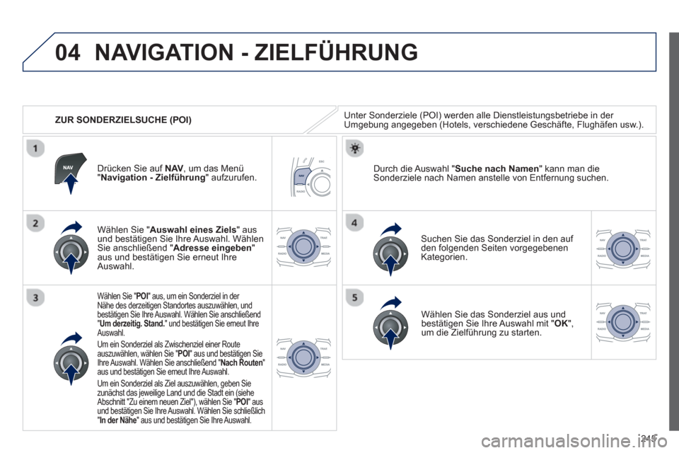 Peugeot 508 RXH 2012  Betriebsanleitung (in German) 245
04
   
 
ZUR SONDERZIELSUCHE (POI)
NAVIGATION - ZIELFÜHRUNG 
Unter Sonderziele (POI) werden alle Dienstleistungsbetriebe in der Umgebung angegeben (Hotels, verschiedene Geschäfte, Flughäfen usw