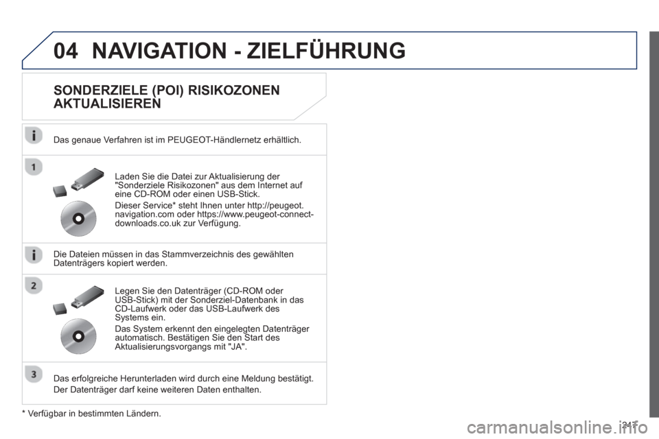 Peugeot 508 RXH 2012  Betriebsanleitung (in German) 247
04NAVIGATION - ZIELFÜHRUNG 
   
SONDERZIELE (POI) RISIKOZONEN 
AKTUALISIEREN 
   
Das genaue Verfahren ist im PEUGEOT-Händlernetz erhältlich.  
   
Die Dateien müssen in das 
Stammverzeichnis 