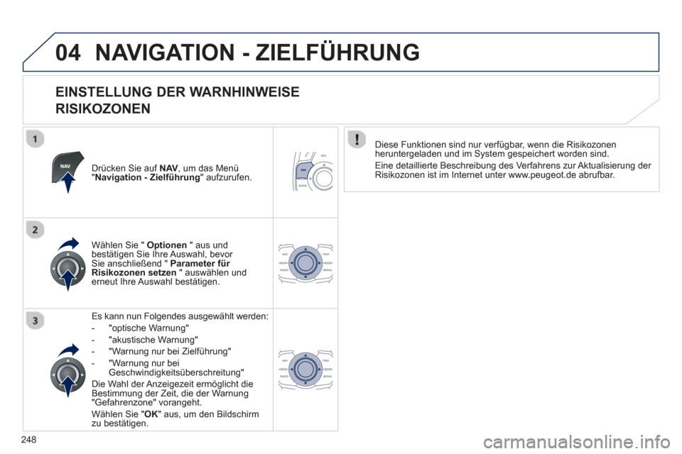 Peugeot 508 RXH 2012  Betriebsanleitung (in German) 248
04NAVIGATION - ZIELFÜHRUNG 
   
EINSTELLUNG DER WARNHINWEISE  
RISIKOZONEN 
Drücken Sie auf NAV,   um das Menü"Navigation - Zielführung 
" aufzurufen.
Es kann nun Fol
gendes ausgewählt werden