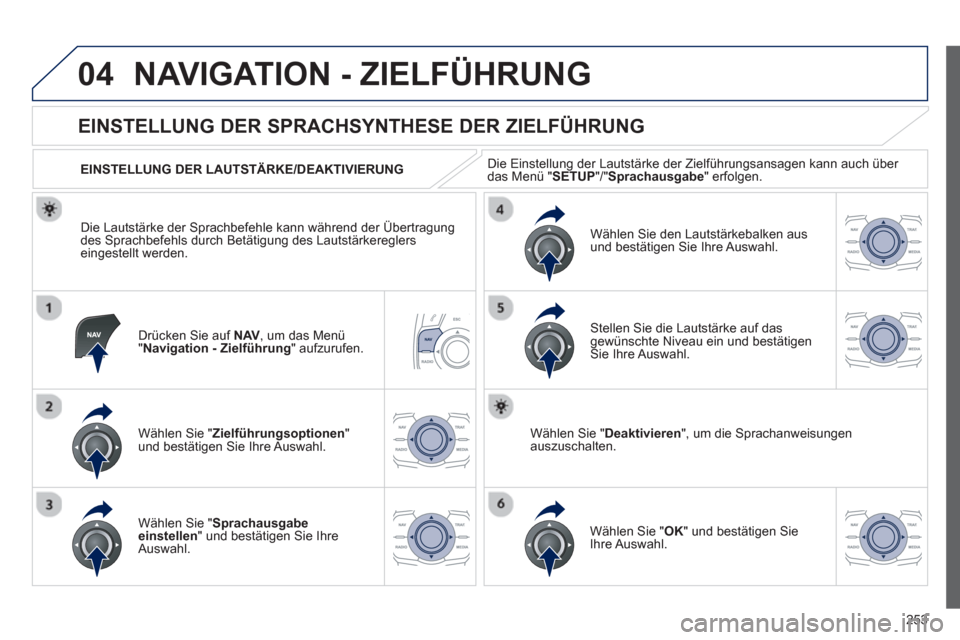 Peugeot 508 RXH 2012  Betriebsanleitung (in German) 253
04NAVIGATION - ZIELFÜHRUNG 
Drücken Sie auf  NAV,   um das Menü "Navigation - Zielführung 
" aufzurufen.
 
 
 
 
 
 
 
EINSTELLUNG DER SPRACHSYNTHESE DER ZIELFÜHRUNG 
Wählen Sie " Zielführu