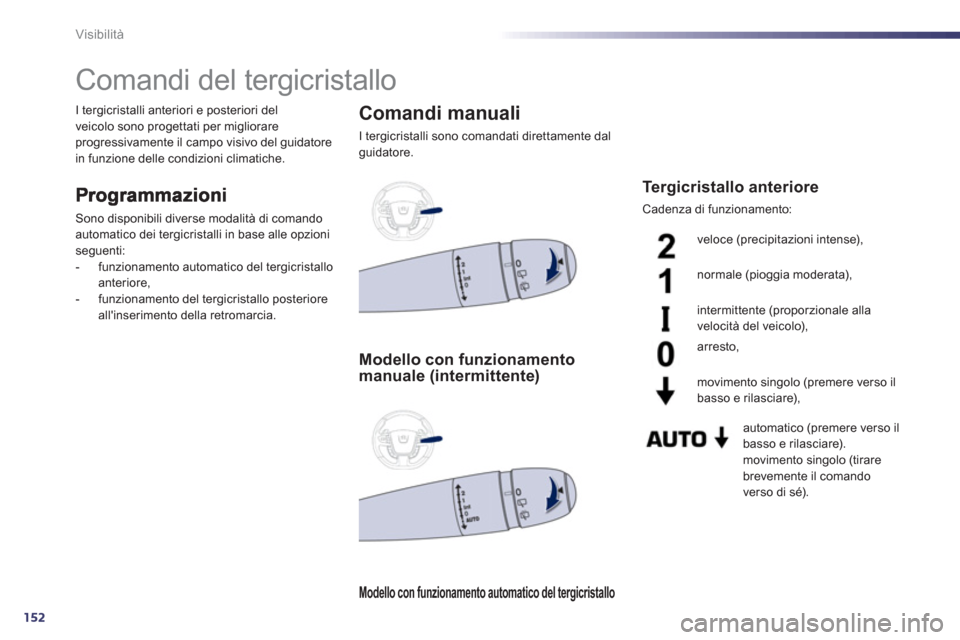 Peugeot 508 RXH 2012  Manuale del proprietario (in Italian) 152
Visibilità
   
 
 
 
 
 
 
 
Comandi del tergicristallo 
Sono disponibili diverse modalità di comando automatico dei tergicristalli in base alle opzioni seguenti:
-  funzionamento automatico del