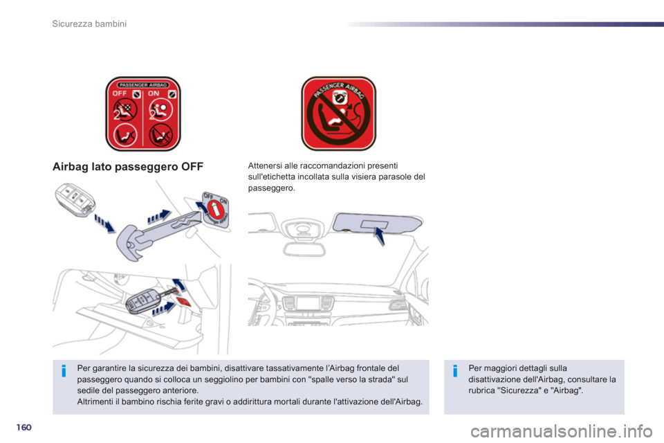 Peugeot 508 RXH 2012  Manuale del proprietario (in Italian) 160
Sicurezza bambini
Airbag lato passeggero OFF
Per garantire la sicurezza dei bambini, disattivare tassativamente l’Airbag frontale del
passeggero quando si colloca un seggiolino per bambini con "