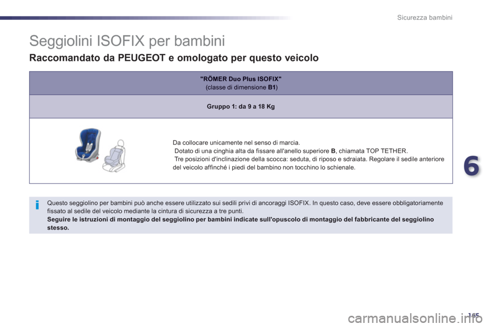 Peugeot 508 RXH 2012  Manuale del proprietario (in Italian) 6
165
Sicurezza bambini
   
 
 
 
 
 
 
 
 
 
 
 
 
 
 
Seggiolini ISOFIX per bambini 
 
 Questo seggiolino per bambini può anche essere utilizzato sui sedili privi di ancoraggi ISOFIX. In questo cas
