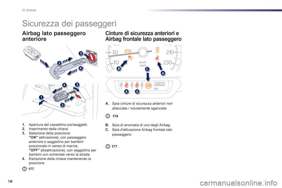 Peugeot 508 RXH 2012  Manuale del proprietario (in Italian) 18
In breve
  Sicurezza dei passeggeri 
1. 
 Apertura del cassettino portaoggetti. 2. 
 Inserimento della chiave. 3.Selezione della posizione:
"ON" 
 (attivazione), con passeggero anteriore o seggioli