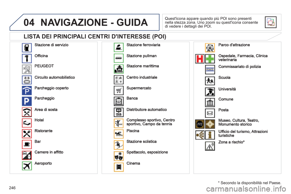 Peugeot 508 RXH 2012  Manuale del proprietario (in Italian) 246
04
   
LISTA DEI PRINCIPALI CENTRI DINTERESSE (POI) 
NAVIGAZIONE - GUIDA 
 Questicona appare quando più POI sono presenti nella stezza zona. Uno zoom su questicona consente
di vedere i dettagl