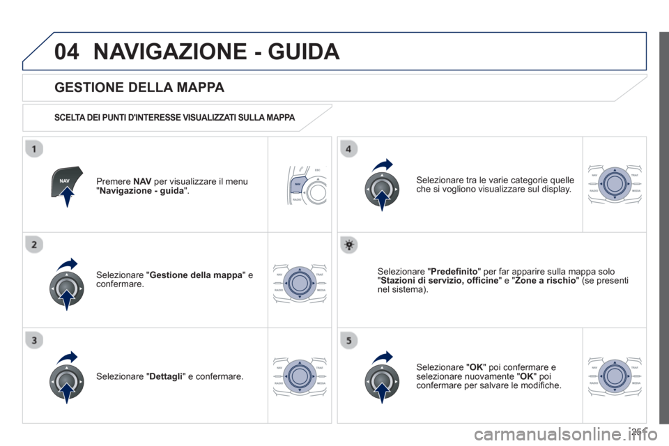 Peugeot 508 RXH 2012  Manuale del proprietario (in Italian) 251
04NAVIGAZIONE - GUIDA 
Premere NAVper visualizzare il menu "Navigazione - guida 
".  
 
 
GESTIONE DELLA MAPPA 
 
 
SCELTA DEI PUNTI DINTERESSE VISUALIZZATI SULLA MAPPA  
Selezionare " Gestione d