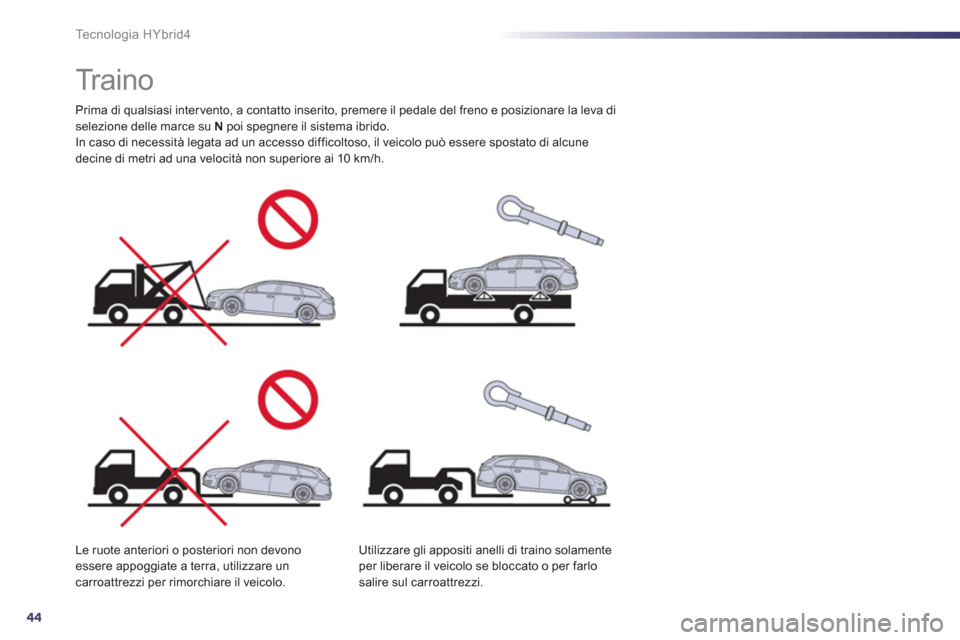 Peugeot 508 RXH 2012  Manuale del proprietario (in Italian) 44
Te c n o l o g i a  H Y b r i d 4
   
 
 
 
 
 
Tr a i n o   
Prima di qualsiasi inter vento, a contatto inserito, premere il pedale del freno e posizionare la leva diselezione delle marce su  N 
 