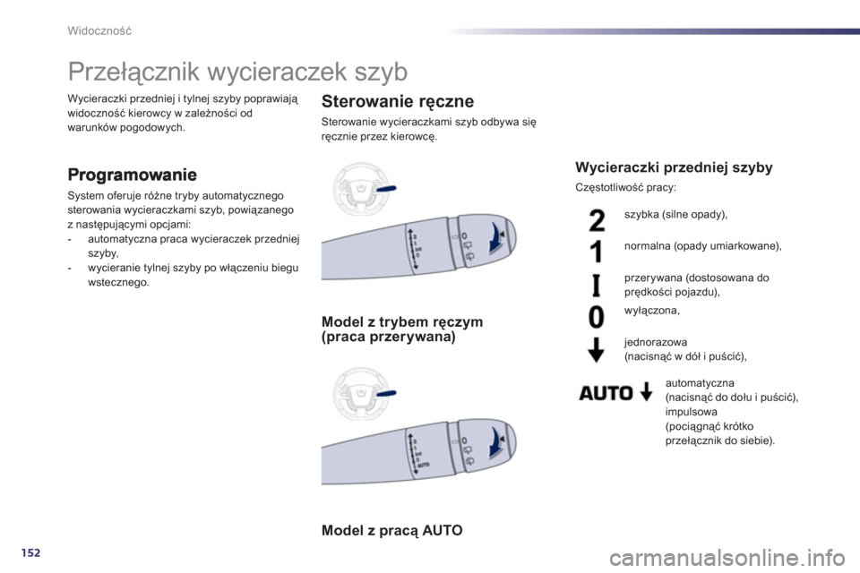 Peugeot 508 RXH 2012  Instrukcja Obsługi (in Polish) 152
Widoczność
 
 
 
 
 
 
 
 
 
Przełącznik wycieraczek szyb 
System oferuje różne tryby automatycznegosterowania wycieraczkami szyb, powiązanego
z następującymi opcjami:
-  automatyczna pra
