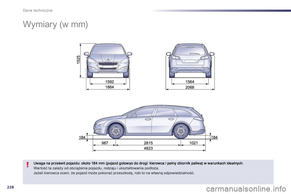 Peugeot 508 RXH 2012  Instrukcja Obsługi (in Polish) 228
Dane techniczne
   
 
 
 
 
Wymiary (w mm) 
 
War tość ta zależy od obciążenia pojazdu, rodzaju i ukształtowania podłoża. 
Jeżeli kierowca oceni, że pojazd może pokonać przeszkodę, ro
