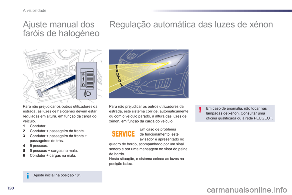 Peugeot 508 RXH 2012  Manual do proprietário (in Portuguese) 150
A visibilidade
   
 
 
 
 
 
Ajuste manual dos 
faróis de halogéneo    
 
 
 
 
 
 
 
Regulação automática das luzes de xénon 
Para não prejudicar os outros utilizadores daestrada, as luzes