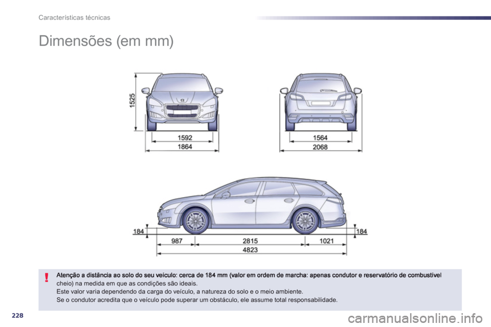 Peugeot 508 RXH 2012  Manual do proprietário (in Portuguese) 228
Características técnicas
   
 
 
 
 
Dimensões (em mm) 
cheio) na medida em que as condições são ideais. Este valor varia dependendo da carga do veículo, a natureza do solo e o meio ambient