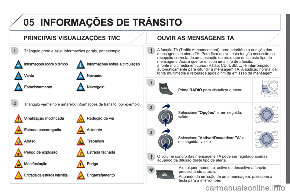 Peugeot 508 RXH 2012 Manual do proprietário (in Portuguese) 257
05
PRINCIPAIS VISUALIZAÇÕES TMC
Triângulo vermelho e amarelo: informações de trânsito, por exemplo:
Triângulo preto e azul: informações gerais, por exemplo:
Peugeot 508 RXH 2012 Manual do proprietário (in Portuguese) 257
05
PRINCIPAIS VISUALIZAÇÕES TMC
Triângulo vermelho e amarelo: informações de trânsito, por exemplo:
Triângulo preto e azul: informações gerais, por exemplo: