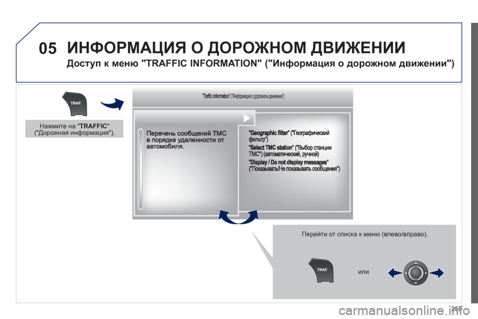 Peugeot 508 RXH 2012  Инструкция по эксплуатации (in Russian) 255
05  ИНФОРМАЦИЯ О ДОРОЖНОМ ДВИЖЕНИИ 
 
 
Доступ к меню "TRAFFIC INFORMATION" ("Информация о дорожном движении") 
Перейти от