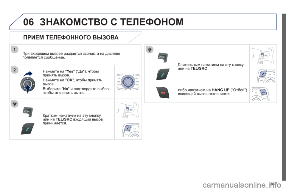 Peugeot 508 RXH 2012  Инструкция по эксплуатации (in Russian) 263
06ЗНАКОМСТВО С ТЕЛЕФОНОМ 
 
 
ПРИЕМ ТЕЛЕФОННОГО ВЫЗОВА 
 
 
При входящем вызове раздается звонок, а на дисплее
