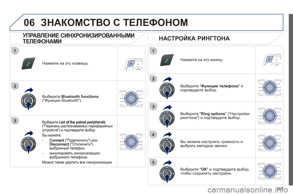 Peugeot 508 RXH 2012  Инструкция по эксплуатации (in Russian) 265
06
Нажмите на эту клавишу.  
Выберите List of the paired peripherals ("Перечень распознаваемых периферийных устройств") и п