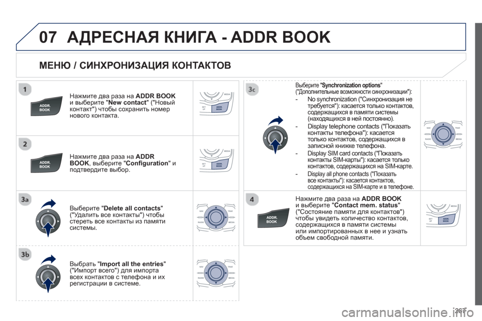 Peugeot 508 RXH 2012  Инструкция по эксплуатации (in Russian) 267
07
   
МЕНЮ / СИНХРОНИЗАЦИЯ КОНТАКТОВ 
 
 
Нажмите два раза наADDR BOOKи выберите "New contact 
" ("Новый
контакт") чтобы сох