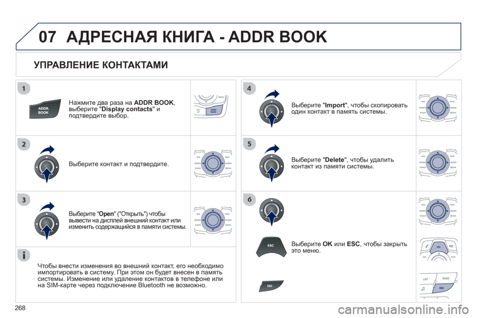 Peugeot 508 RXH 2012  Инструкция по эксплуатации (in Russian) 268
07
   
УПРАВЛЕНИЕ КОНТАКТАМИ 
Нажмите два раза на ADDR BOOK, 
выберите "Display contacts"иподтвердите выбор.  
Выберите кон