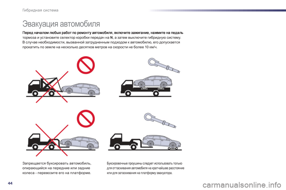 Peugeot 508 RXH 2012  Инструкция по эксплуатации (in Russian) 44
Ги б р и д н а я система
 
 
 
 
 
 
 
 
 
Эвакуация автомобиля 
 
тормоза и установите селектор коробки передач на  N 
