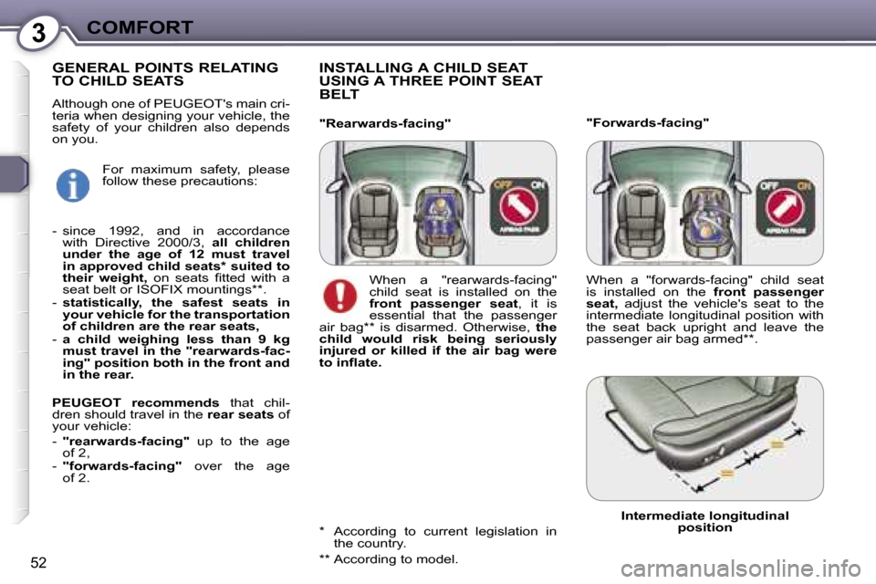 Peugeot 607 Dag 2006  Owners Manual �3�C�O�M�F�O�R�T
�5�2
�"�F�o�r�w�a�r�d�s�-�f�a�c�i�n�g�"
�I�N�S�T�A�L�L�I�N�G� �A� �C�H�I�L�D� �S�E�A�T�  
�U�S�I�N�G� �A� �T�H�R�E�E� �P�O�I�N�T� �S�E�A�T� 
�B�E�L�T
�"�R�e�a�r�w�a�r�d�s�-�f�a�c�i�n�