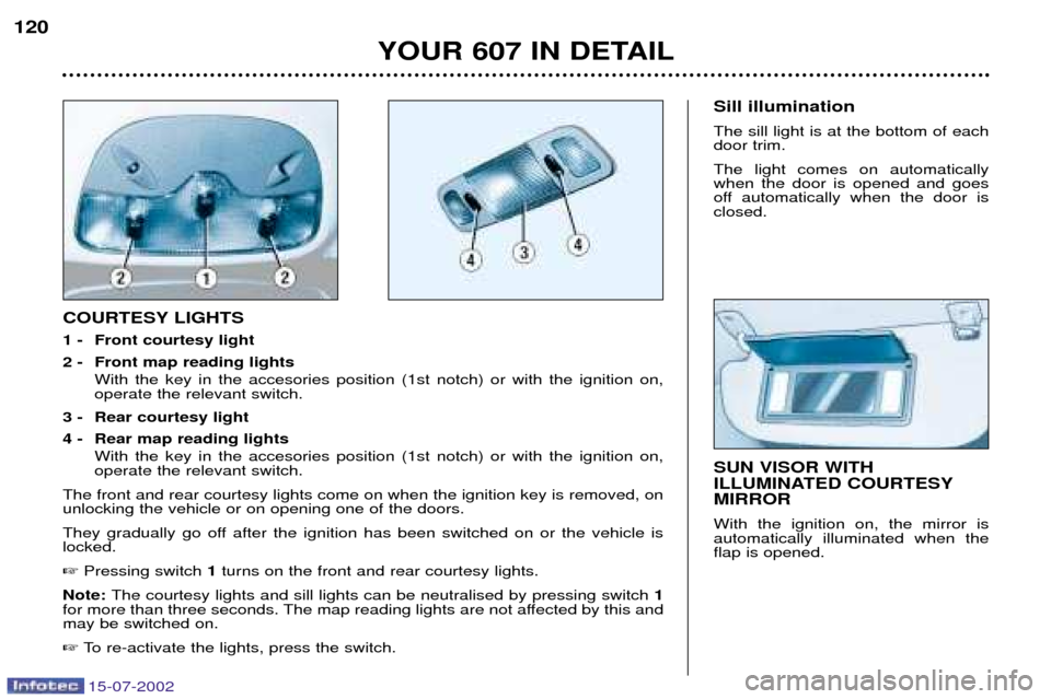 Peugeot 607 Dag 2002.5 Owners Manual 15-07-2002
YOUR 607 IN DETAIL
120
SUN VISOR WITH
ILLUMINATED COURTESYMIRROR With the ignition on, the mirror is automatically illuminated when theflap is opened.
COURTESY LIGHTS
1 - Front courtesy Peugeot 607 Dag 2002.5 Owners Manual 15-07-2002
YOUR 607 IN DETAIL
120
SUN VISOR WITH
ILLUMINATED COURTESYMIRROR With the ignition on, the mirror is automatically illuminated when theflap is opened.
COURTESY LIGHTS
1 - Front courtesy