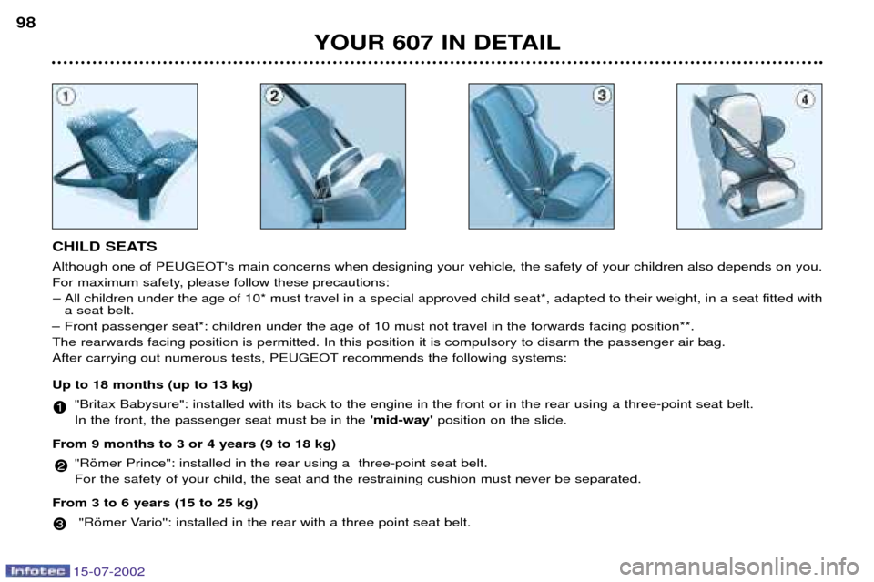 Peugeot 607 Dag 2002.5 Owners Manual 15-07-2002
YOUR 607 IN DETAIL
98
CHILD SEATS Although one of PEUGEOTs main concerns when designing your vehicle, the safety of your children also depends on you.
For maximum safety, please follow th Peugeot 607 Dag 2002.5 Owners Manual 15-07-2002
YOUR 607 IN DETAIL
98
CHILD SEATS Although one of PEUGEOTs main concerns when designing your vehicle, the safety of your children also depends on you.
For maximum safety, please follow th