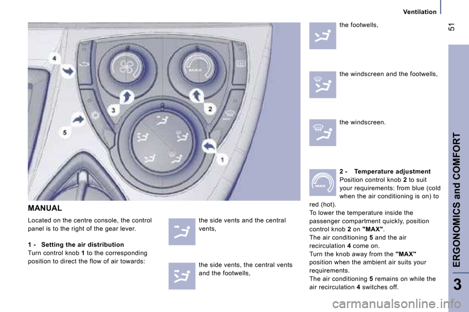 Peugeot 807 Dag 2007.5  Owners Manual �E�R�G�O�N�O�M�I�C�S� �a�n�d� �C�O�M�F�O�R�T�5�1
�3
�t�h�e� �s�i�d�e� �v�e�n�t�s� �a�n�d� �t�h�e� �c�e�n�t�r�a�l�  
�v�e�n�t�s�,
�M�A�N�U�A�L 
�L�o�c�a�t�e�d� �o�n� �t�h�e� �c�e�n�t�r�e� �c�o�n�s�o�l�