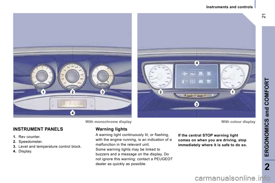 Peugeot 807 Dag 2007  Owners Manual �1�2�3
�4
�2�1
�3
�4�I�n�s�t�r�u�m�e�n�t�s� �a�n�d� �c�o�n�t�r�o�l�s
�W�a�r�n�i�n�g� �l�i�g�h�t�s 
�A� �w�a�r�n�i�n�g� �l�i�g�h�t� �c�o�n�t�i�n�u�o�u�s�l�y� �l�i�t�,� �o�r� �f�l�a�s�h�i�n�g�,�  
�w�i�