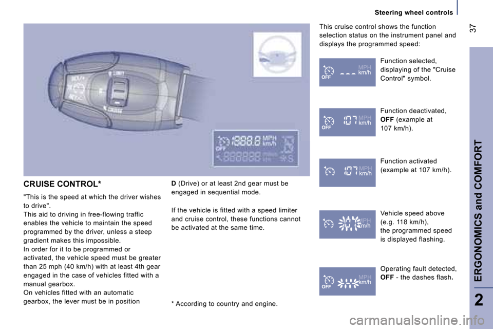 Peugeot 807 Dag 2007  Owners Manual �S�t�e�e�r�i�n�g� �w�h�e�e�l� �c�o�n�t�r�o�l�s
�C�R�U�I�S�E� �C�O�N�T�R�O�L�* 
�"�T�h�i�s� �i�s� �t�h�e� �s�p�e�e�d� �a�t� �w�h�i�c�h� �t�h�e� �d�r�i�v�e�r� �w�i�s�h�e�s�  
�t�o� �d�r�i�v�e�"�.
�T�h�i