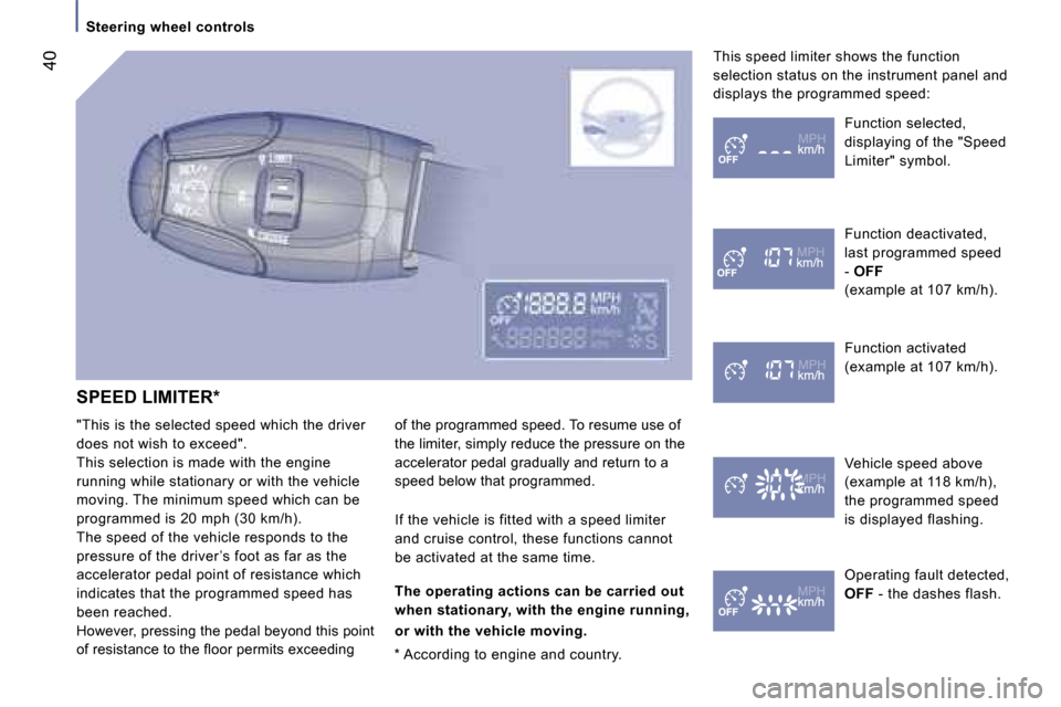 Peugeot 807 Dag 2007  Owners Manual �S�t�e�e�r�i�n�g� �w�h�e�e�l� �c�o�n�t�r�o�l�s
�S�P�E�E�D� �L�I�M�I�T�E�R�* 
�"�T�h�i�s� �i�s� �t�h�e� �s�e�l�e�c�t�e�d� �s�p�e�e�d� �w�h�i�c�h� �t�h�e� �d�r�i�v�e�r�  
�d�o�e�s� �n�o�t� �w�i�s�h� �t�