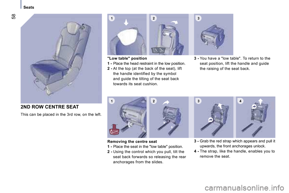 Peugeot 807 Dag 2007  Owners Manual �1 �2 �3
�1 �2�3 �4
�S�e�a�t�s
�2�N�D� �R�O�W� �C�E�N�T�R�E� �S�E�A�T
�T�h�i�s� �c�a�n� �b�e� �p�l�a�c�e�d� �i�n� �t�h�e� �3�r�d� �r�o�w�,� �o�n� �t�h�e� �l�e�f�t�.�"�L�o�w� �t�a�b�l�e�"� �p�o�s�i�t�i